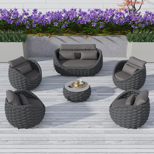 6 Pieces Patio Furniture Set, Outdoor Rope Conversation Sectional Patio Sofa with 6 Seater for Backyard, Porch, Modern Armchairs with Thickness Cushions and Side Table, Dark Grey