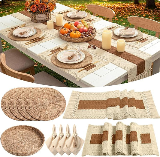 4 Sets Boho Decoration Placemats Round Woven Placemats, Cloth Napkins, Wood Bead Napkin Rings, Long Table Runner and Farmhouse Burlap Cotton for Table Kitchen (Caramel,12x72)