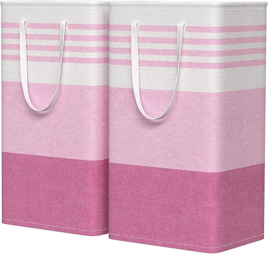 WOWBOX 2 Pack Laundry Baskets, Laundry Hampers, Freestanding Dirty Clothes Hampers with Reinforced Handles & Cross Stitch & Waterproof Coating, for Laundry Bedroom Bathroom Dorm,88L Pink