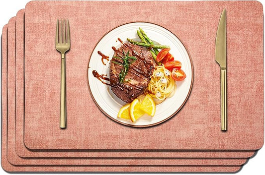Maxpearl Faux Leather Placemats Set of 4 - Waterproof - Wipe Clean - Heat Resistant - Anti Slip Dining Table Place Mats, Suitable for Indoor & Outdoor Use, 17’’×12’’, Peachy Pink