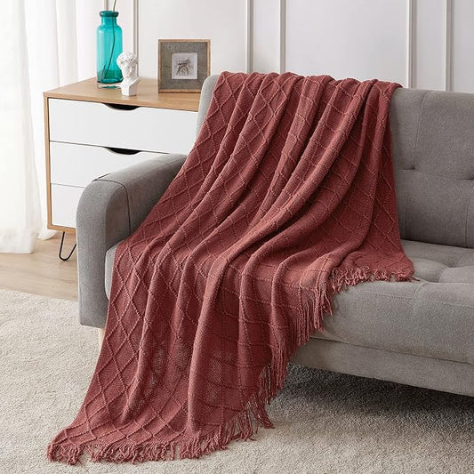 BOURINA Burgundy Throw Blanket 60x80 Inches Throw Textured Solid Soft Sofa Throw Couch Knitted Decorative Blanket