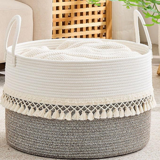 KAKAMAY Cotton Rope Storage Basket (20"x13"),Woven Hamper for Blankets,Toys,Pillows,Clothes,Laundry,Sturdy Handles Decorative Basket for Living Room, Bedroom,Nursery(Beige Fringe)