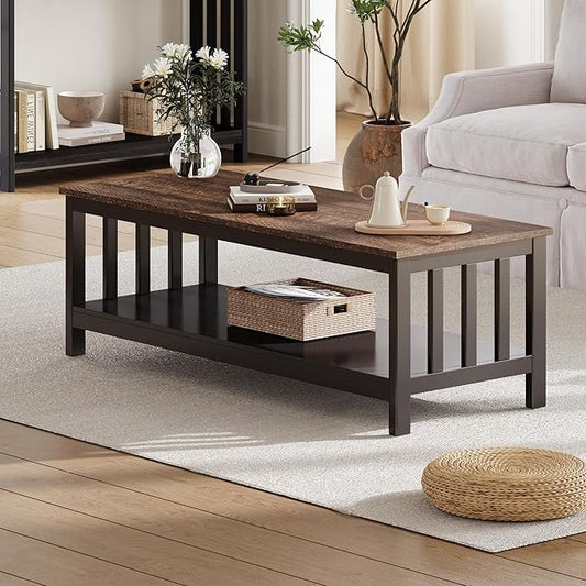 ChooChoo Mission Coffee Table, Wood Living Room Table with Shelf, 47 inch, Espresso