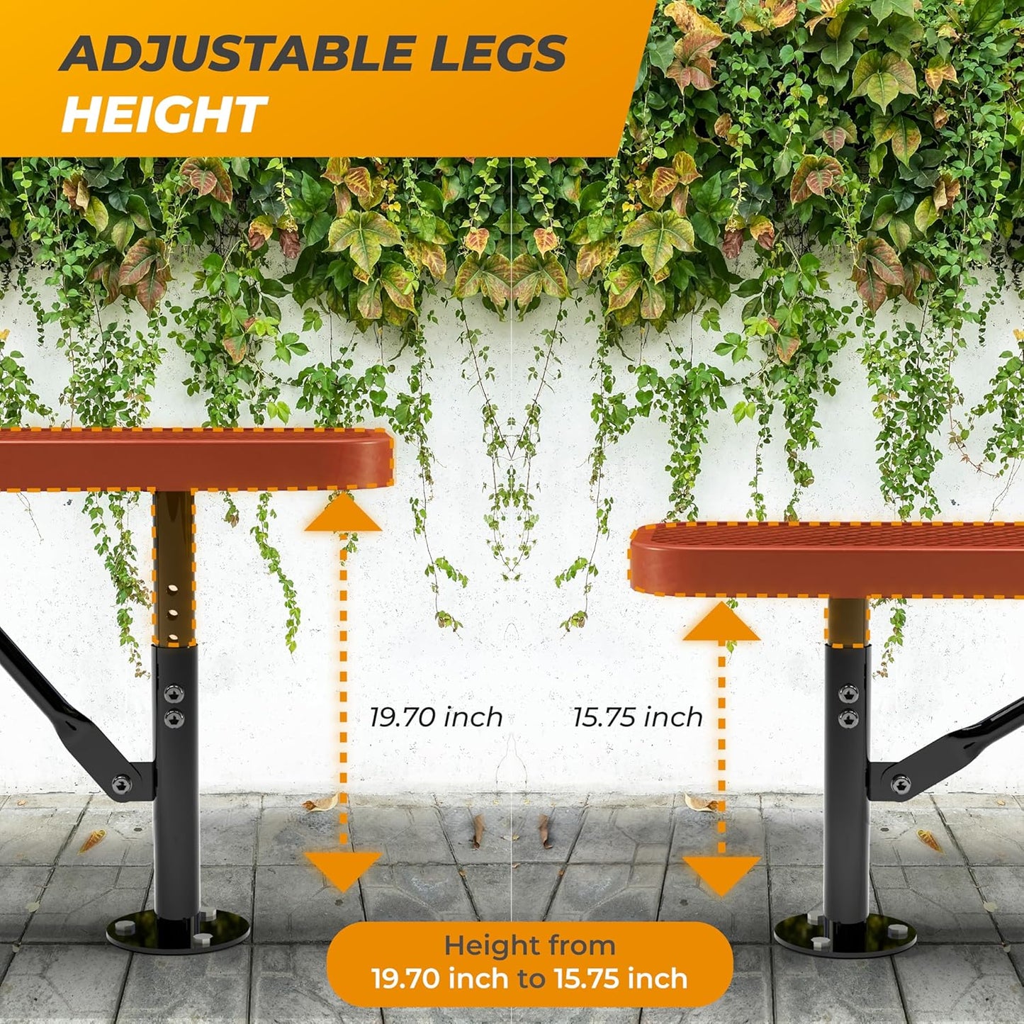 Heavy-Duty Outdoor Metal Bench, Thermoplastic-Coated, Surface, Weatherproof, Commercial-Grade for Parks, Gardens, Patios, Stores & More (6 Ft - Surface, Red)