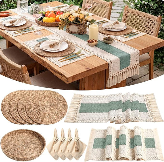 4 Sets Boho Decoration Placemats Round Woven Placemats, Cloth Napkins, Wood Bead Napkin Rings, Long Table Runner and Farmhouse Burlap Cotton for Table Kitchen (Green,12x72)