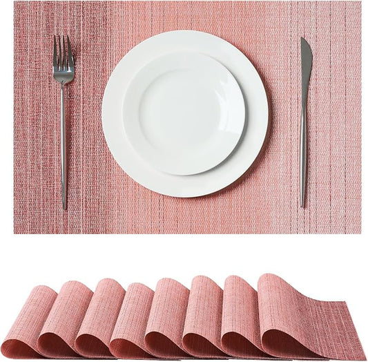 Leetaltree Gradient Pink Woven Placemats Set of 8 - Heat Resistant Non-Slip Place mats for Dining Table, Washable Durable PVC Vinyl Woven Table Mats(Gradient Pink, 8)