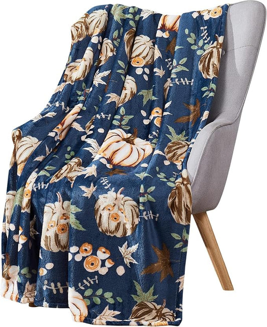 Fall Pumpkin Throw Blanket: Soft Orange White Pumpkins Leaves and Berries on Blue Background for Living Room Couch Bed Chair or Dorm
