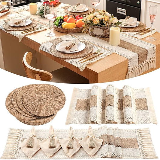 4 Sets Boho Decoration Placemats Round Woven Placemats, Cloth Napkins, Wood Bead Napkin Rings, Long Table Runner and Farmhouse Burlap Cotton for Table Kitchen (Khaki,12x72)