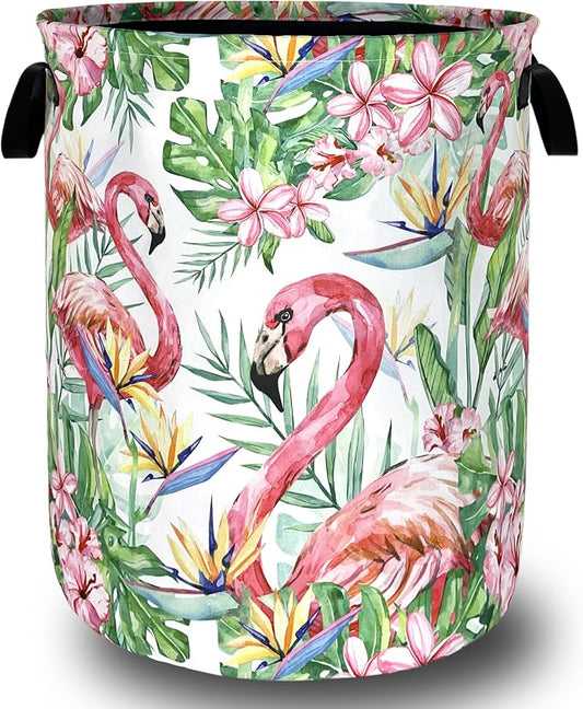 Pink Flamingo Laundry Basket Tropical Leaves Pink Floral Hamper Foldable Oxford Cloth Birds Colorful Tote Bag Clothes Toy Storage Bucket For Bathroom/Laundry Storage/Bedroom 18.9 x 16.5 Inch