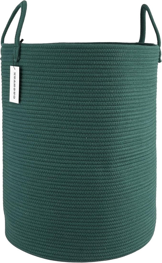 XUANGUO Cotton Rope Laundry Basket Hamper for Clothes Woven Storage Basket for Living Room Bedroom Boho Tall Rope Baskets for Blanket Toys Pillow Towels Baby Nursery Hamper Bin Large dark green
