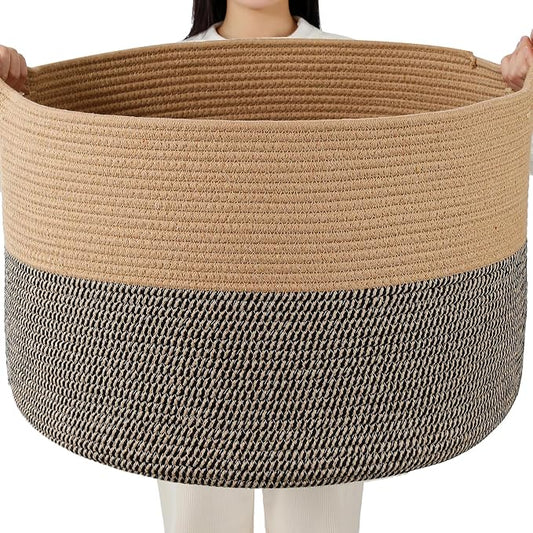 Foldable Laundry Hamper Basket with Collapsible Handle Cotton Rope Soft Woven Fabric Storage Organizer Clothes Toys Nursery Bedroom Dorm Space Saving Bin (Camel & Mix Camel, 65L(19.7"D x 12.6"H))