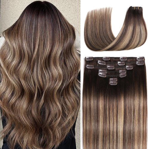 Hair Extensions Clip in Extensions, Clip in Hair Extensions Real Human Hair, 22 Inch Remy Human Hair Extensions Clip ins for Women, 7Pcs 85g, Balayage Chocolate Brown to Caramel Blonde