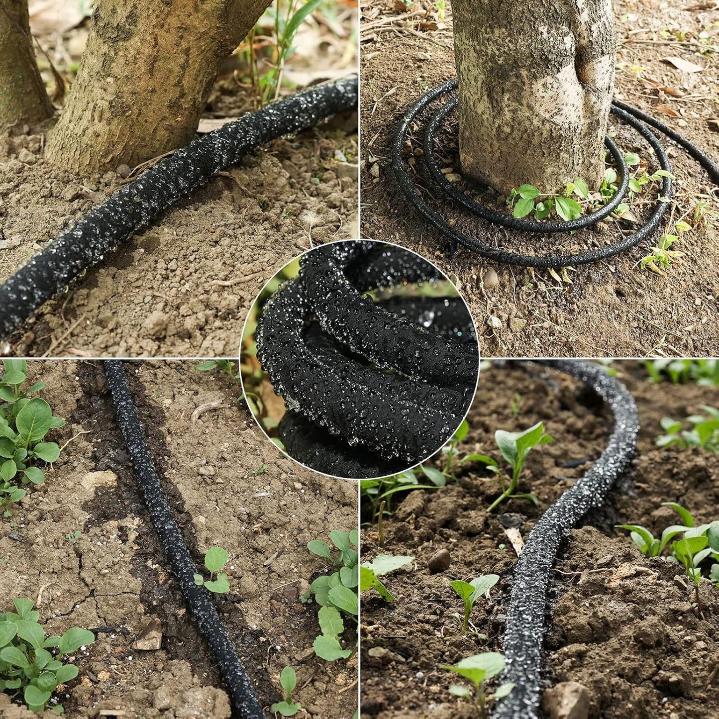 Soaker Hose, 1/2" x 100 FT Round Rubber Garden Soaker Hose, Heavy Duty Water Seeper Soaker Hoses for Foundation Watering, Garden Beds, Garden, Lawn and Plants