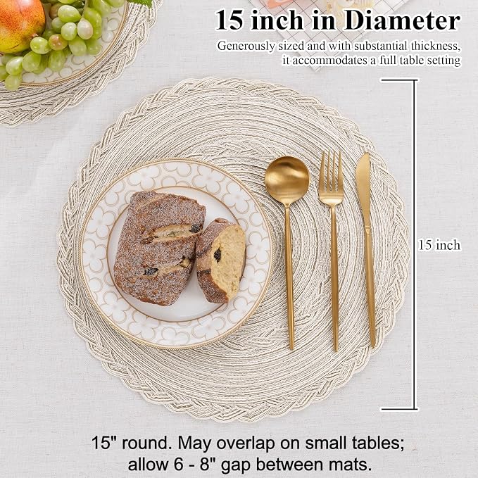 SHACOS Boho Round Placemats Set of 8 Braided Border Round Place Mats 15 inch Washable Dining Table Mats for Home Wedding Holiday Party (Ivory Bordered, 8)