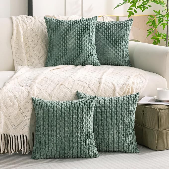 Set of 4 Teal Green Decorative Throw Pillow Covers 20x20 Inch Corduroy Pillow Covers for Bed Couch Sofa Living Room Soft Square Cushion Cases