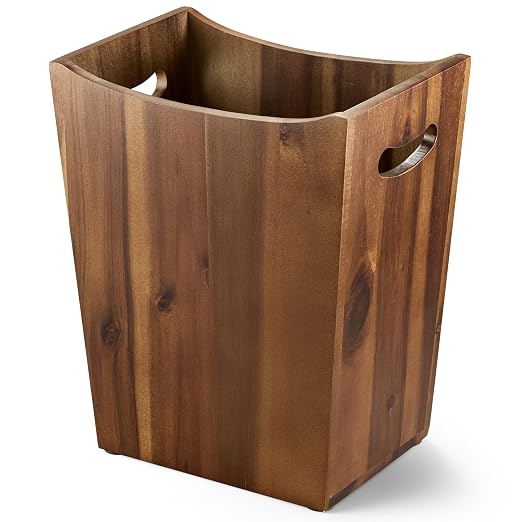 Tidita 2 Gallon Rectangular Wastebasket with Built-in Handles, Walnut Color | Acacia Wood, Rectangular Shape, Integrated Handles, Garbage Bin for Spa, Bathroom, Kitchen Counter, Living Room, Walnut Color