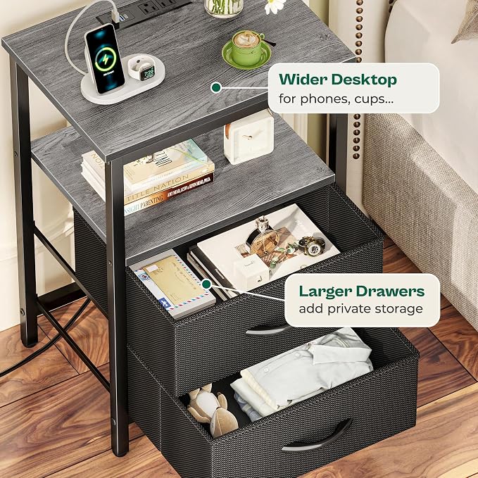 Huuger Night Stand with Charger Station and LED Lights, 2 Drawer Nightstand, Bed Side Table with Open Shelf, End Table, Fabric Dresser for Bedroom, Grey