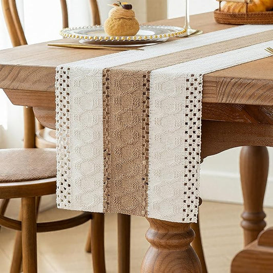 FEXIA Boho Table Runner for Home Coffee Decor 72 Inches Long Farmhouse Rustic Table Runner Macrame Burlap Centerpieces for Tables Decoration for Kitchen Bedroom Decor Bridal Shower (12x72 Inches)
