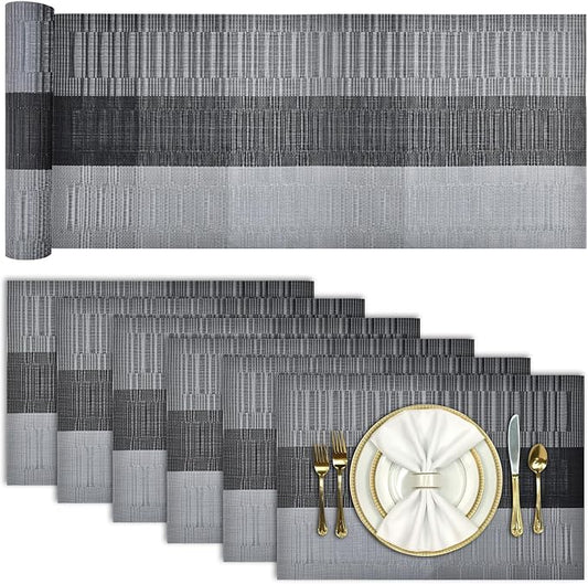 Aofmee Table Runner and Placemats Set of 6 Washable, Heat Resistant Place Mats with Table Runner, Woven Vinyl Table Placemats for Dining Table, Stain Resistant Kitchen Table Mats Sets, Easy to Clean