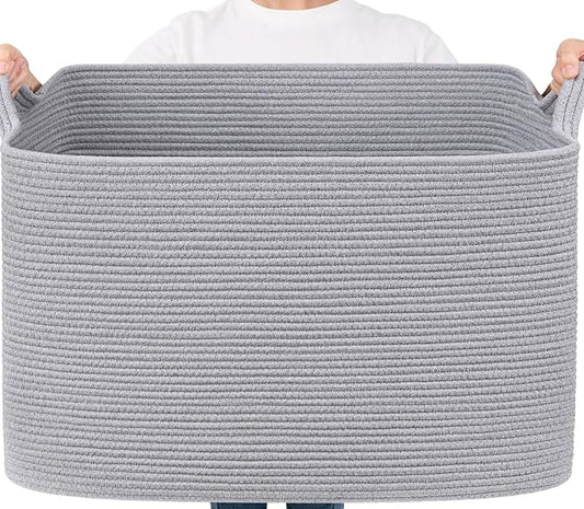 Goodpick 105L Extra Large Blanket Basket 25" x 16" x 16" Cotton Rope Storage Bins for Dirty Clothes, Rectangle Woven Laundry Basket for Living Room Bedroom, Toy Storage Baskets for Kids, Gray