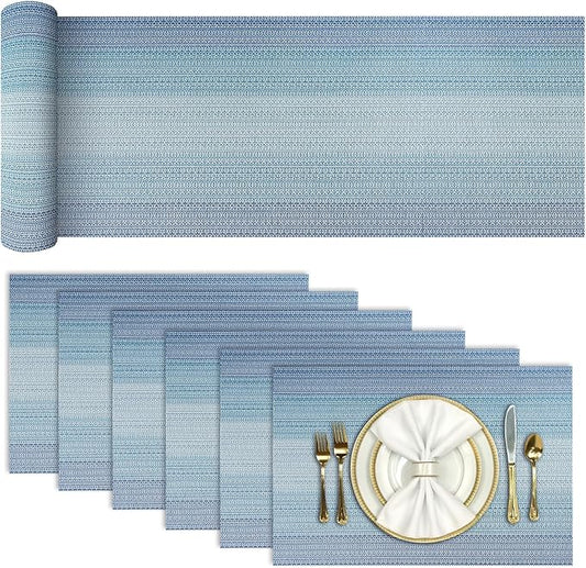 Aofmee Table Runner and Placemats Set of 6 Washable, Heat Resistant Place Mats with Table Runner, Woven Vinyl Table Placemats for Dining Table, Stain Resistant Kitchen Table Mats Sets, Easy to Clean