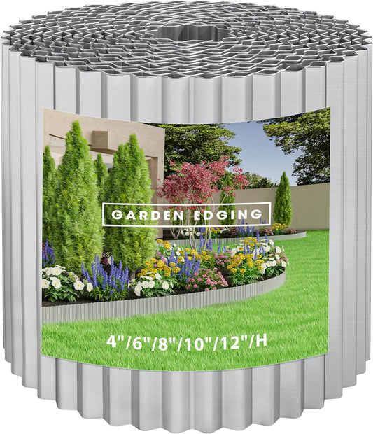 Metal Garden Edging Border, Corrugated Steel Landscaping, DIY for Lawn (Silver, 10 Inch x 10FT)