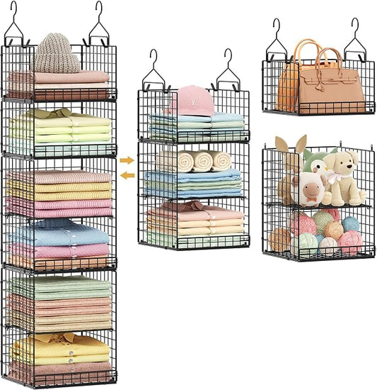 6 Tier Hanging Closet Organizers and Storage Stackable Hanging Closet Shelves with 4 Hooks 2 Adjustable Dividers, Wire Storage Basket Bins for Clothing Purse Sweaters Shoes Socks Dolls, Foldable