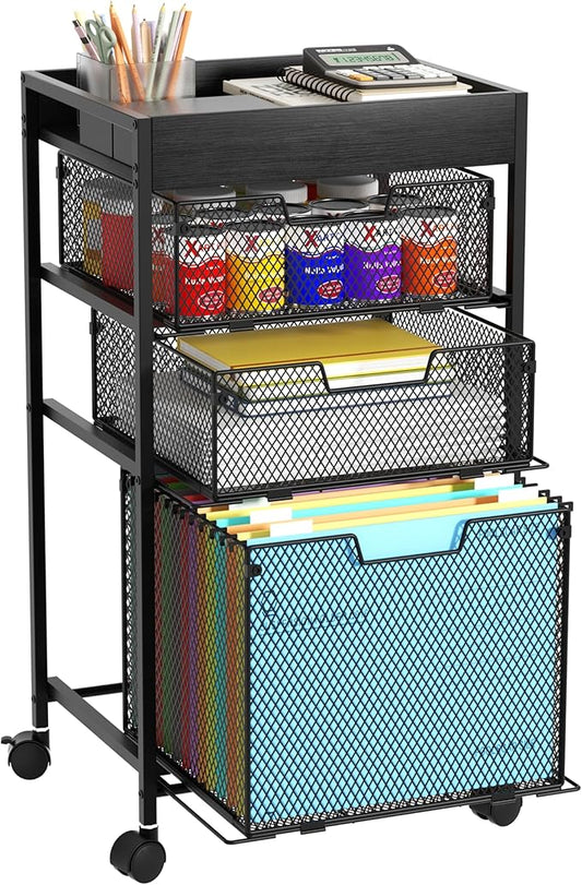 SWTYMIKI Rolling File Cart with Drawers - 4 Tier Under Desk Storage Craft Rolling Organizer Cart - Office Storage &Organization, Mobile Metal Filing Cabinet for Office and Home Black
