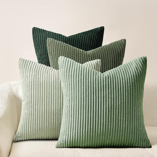 Topfinel Light Green Decorative Throw Pillow Covers Green Series,Winter Fluffy Corduroy Striped Euro Pillows Shams for Couch Bed Bedroom,Western Modern Hunter Green Pillowcase 20x20 Inch Set of 4