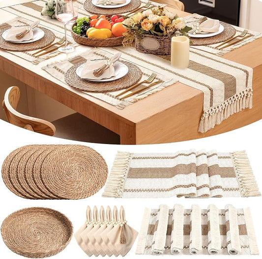 6 Sets Boho Decoration Placemats Round Woven Placemats, Cloth Napkins, Wood Bead Napkin Rings, Long Table Runner and Farmhouse Burlap Cotton for Table Kitchen (Brown,12x72)