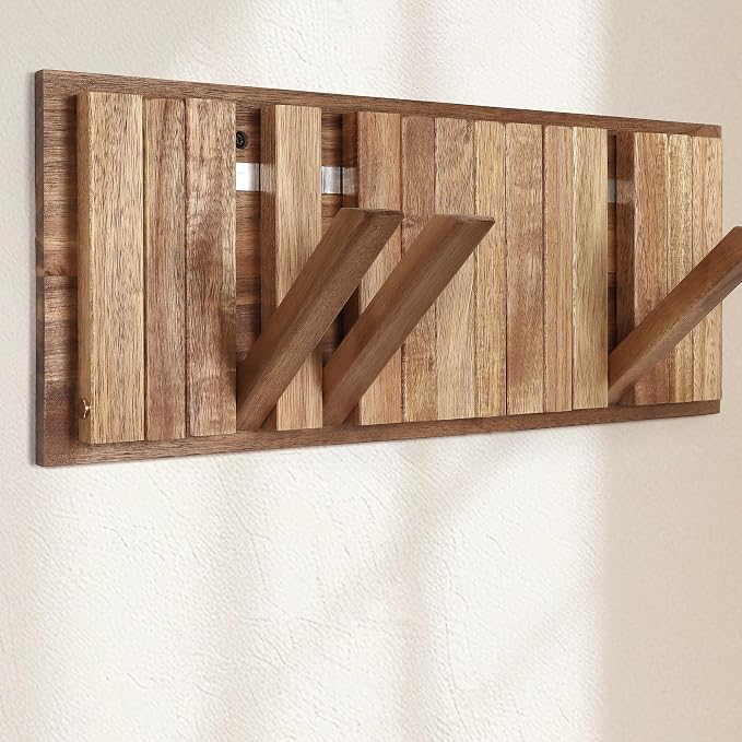 Wall Coat Rack for Entryway: Rustic Wooden Folding 8 Hooks Mount 16.5inch Decorative Piano Hanger for Farmhouse Hallway Bathroom for Towel Backpack Jacket (Neat Style)
