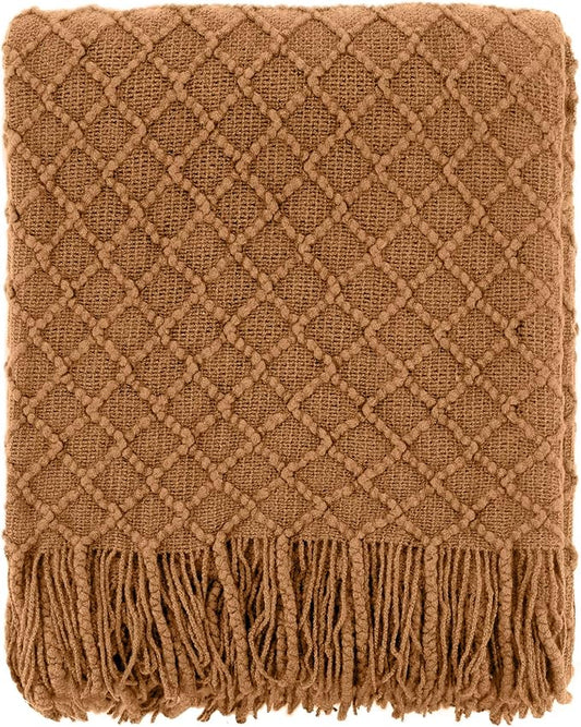 CREVENT Farmhouse Boho Knitted Throw Blanket for Couch Sofa Chair Bed Home Decoration, Soft Warm Cozy Light Weight for Spring Summer Fall (60''X80'' Brown)