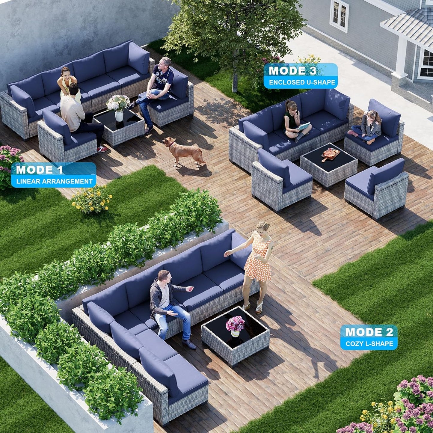 7-Piece Patio Furniture Set, Outdoor Sectional with Thick Cushions, Modular Patio Sofa, Dual-Strand Wicker Rattan, Rust-Resistant Frame, Backyard Furniture for Garden, Deck, Navy Blue