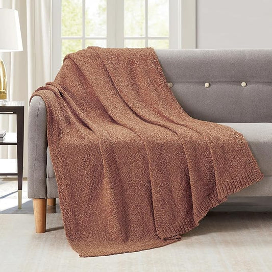 BOURINA Chenille Throw Blanket for Couch Sofa Chair Bed Home Decoration, Soft Warm Cozy Blanket for All Season（50" x 60", Coral）