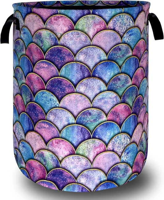 Colorful Mermaid Scales Laundry Basket Foldable Oxford Cloth Beautiful Fish Scales Laundry Hamper With Handle Clothes Storage Organizer Basket 18.9"x16.5"Storage Bag For Laundry Room/Bathroom/Bedroom