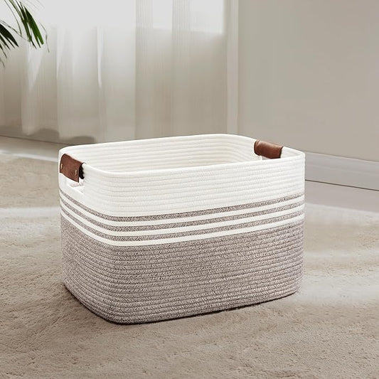 45L Small Laundry Basket with Leather Handles for Living Room Storage, Woven Rope Baskets Bin for Blanket, Kids Toy, Gifts, Wicker Hamper for Bedroom Dirty Clothes, 18"x14"x11" Dark Brown