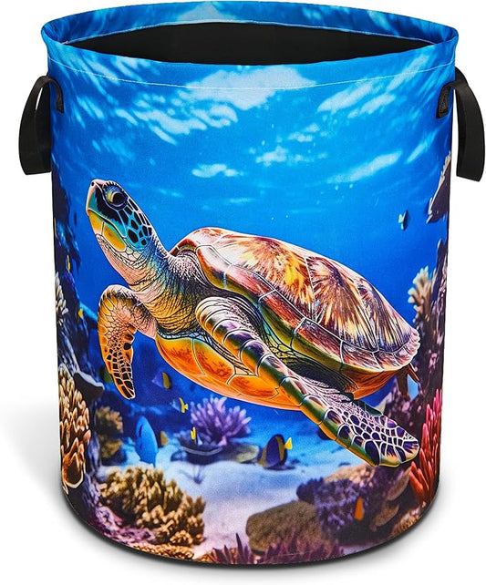 Sea Turtle Laundry Basket Animal Foldable Oxford Cloth Funny Tote Bag Laundry Hamper Clothes Storage Bucket Organizer For Bathroom/Laundry Storage/Bedroom 18.9x16.5 Inch
