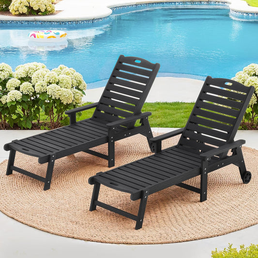 LUE BONA Outdoor Chaise Lounge Chairs Set of 2, 79'' Oversized HDPS Chaise Lounger, 5 Positions Adjustable Lounge Chairs, Pool Lounge Chair with Wheels for Poolside, Backyard, 3 Year Warranty, Black