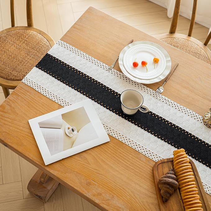FEXIA Boho Table Runner for Summer Home Decor with Tassels 72 Inches Long Farmhouse Rustic Black Gothic Table Runner Macrame Gothic Burlap Table Decoration for Kitchen Living Room (12x72 Inches)