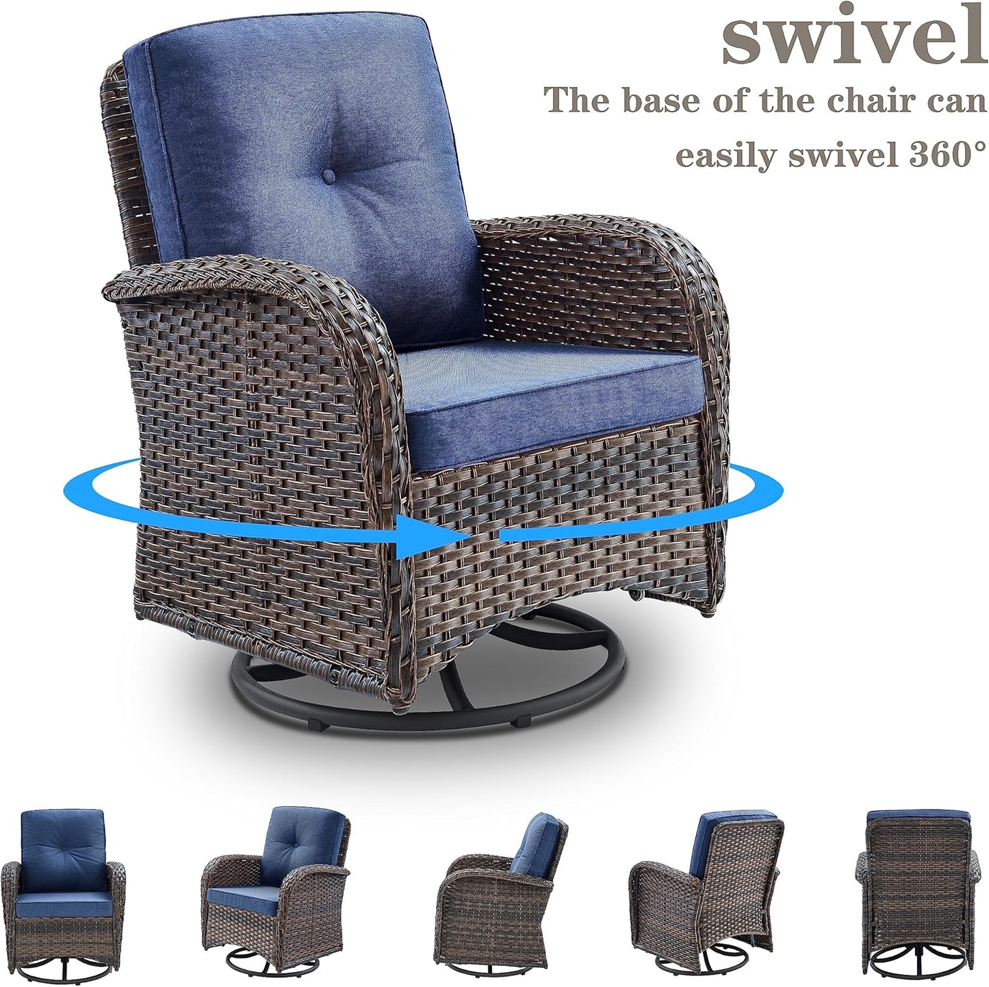 6 Piece Patio Conversation Sets - Wicker Patio Furniture Sets with Outdoor Swivel Rocker Chairs Outdoor Couch Perfect for Patio Deck Backyard, Brown Wicker Blue Cushion