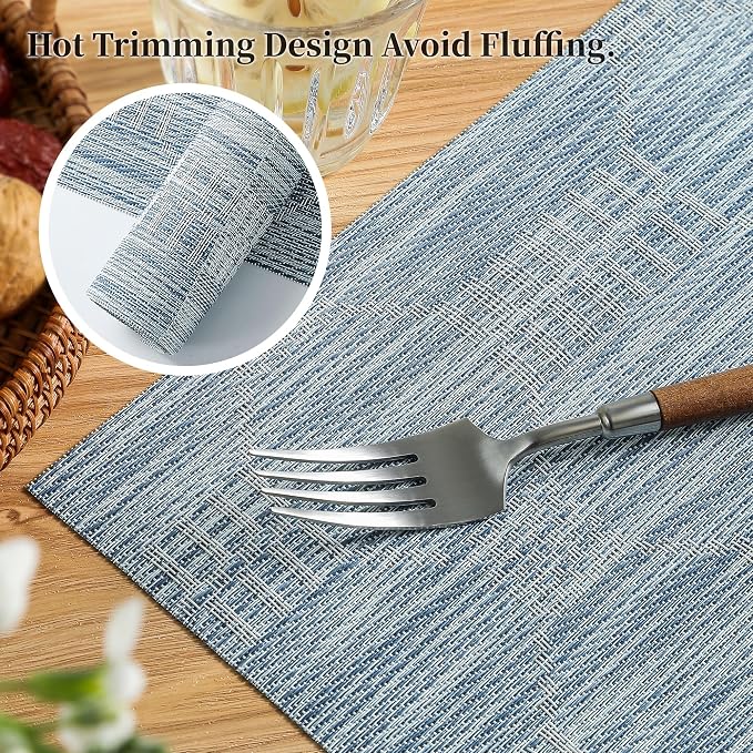 Leetaltree Jacquard Blue Placemats Set of 8 - Heat Resistant Non-Slip Place mats for Dining Table, Washable Durable PVC Vinyl Woven Table Mats(Jacquard Blue, 8)
