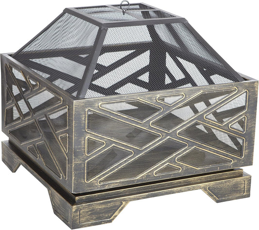 Fire Sense 62239 Fire Pit Catalano Wood Burning Lightweight Portable Outdoor Firepit Backyard Fireplace for Camping Bonfire Included Screen Lift Tool & Cooking Grate - Square - Antique Bronze Finish