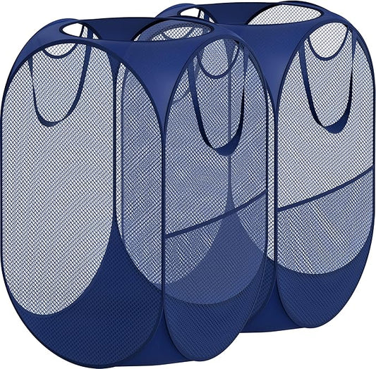 Simple Houseware Mesh Pop-Up Laundry Hamper Basket with Side Pocket, Dark Blue - 2 Pack