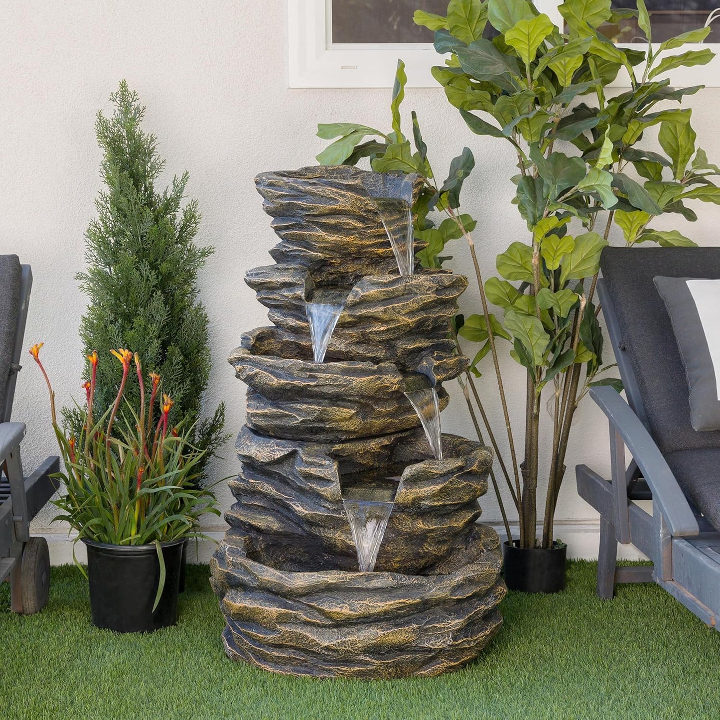 Alpine Corporation GIL110 Outdoor 5 Tiered Natural Look Rock Water Floor Fountain with Replaceable Lights,39" H, Brown