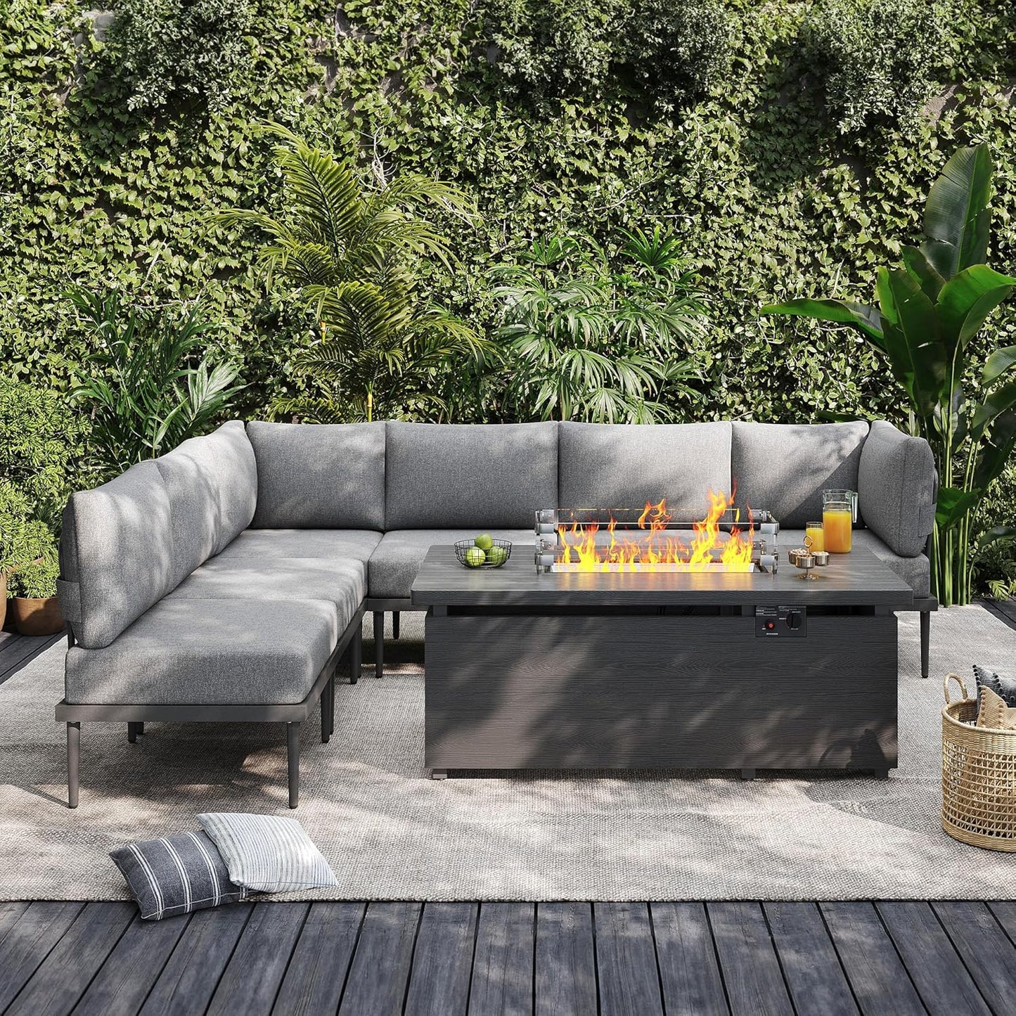 Sundale Outdoor 7 Pieces Metal Patio Furniture Set with Fire Pit Table, Outdoor Sectional Sofa w/6 Inch Olefin Cushion, Modern Outdoor Conversation Sets